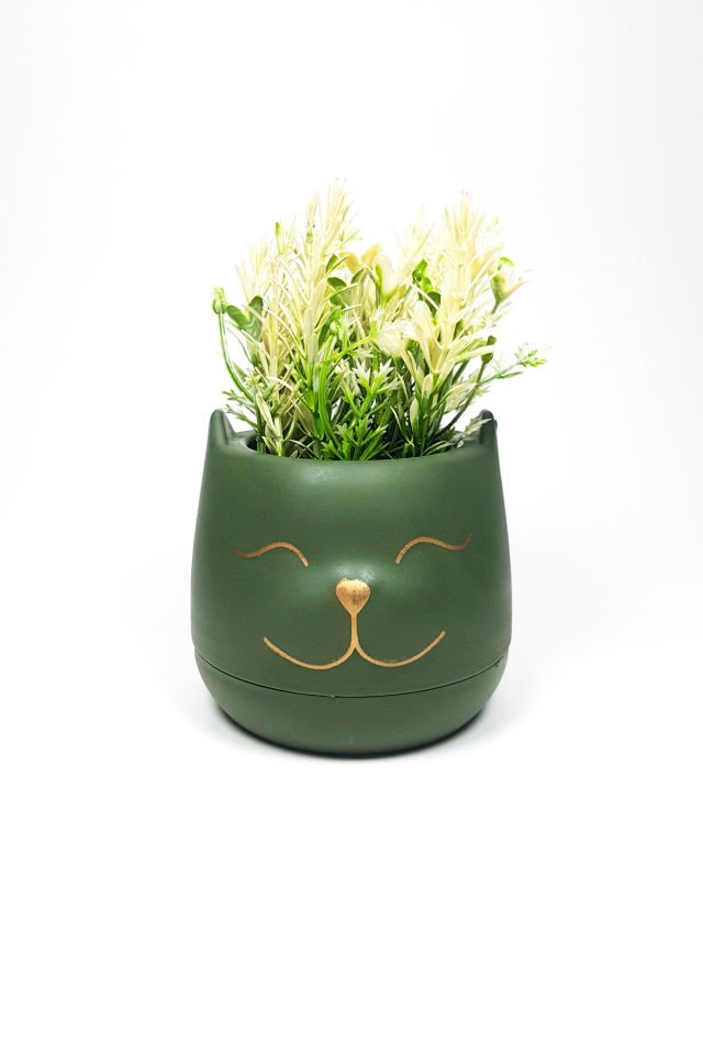 Kedicik Saksıda Yapay Çiçek Özel Tasarım Dekor 17 x 10 cm Renk 4