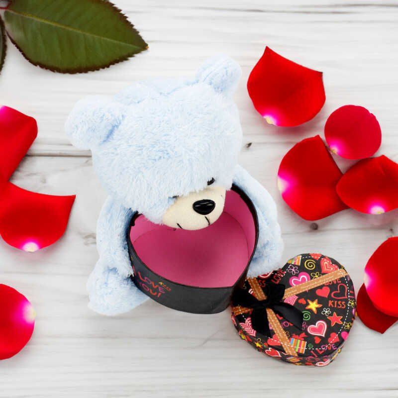 Peluş Ayıcık Kalp Kutulu Beyaz Renk 20CM