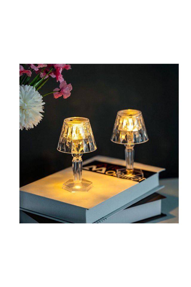 Menfry Küçük Boy Kristal Elmas LED Masa Lambası Pilli Projeksiyon Abajur 12CM