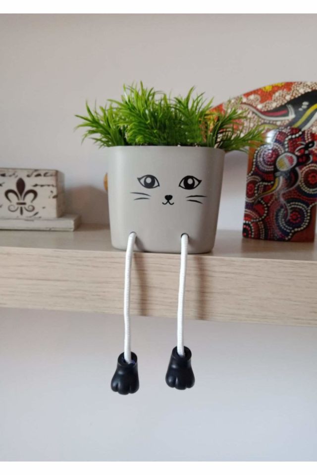 Sallanan Ayaklı Kedicik Saksıda Yapay Çiçek Kahve