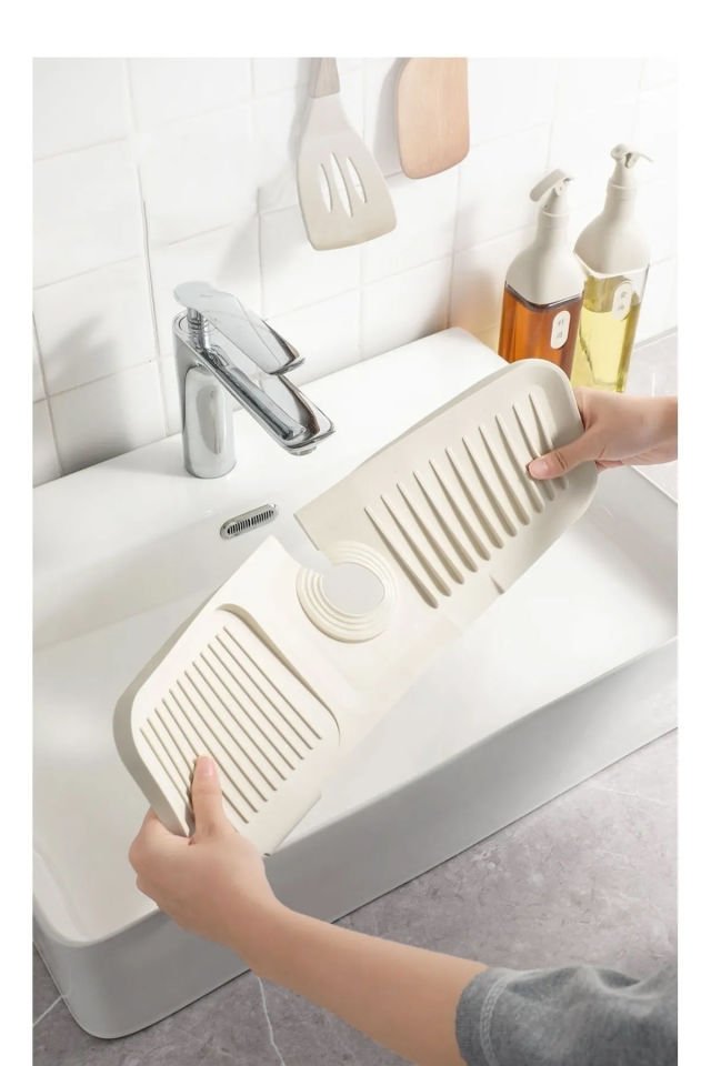 Elastik Musluk Matı Su Tutucu Düzenleyici Kaydırmaz Taban Organizer Mutfak Banyo Lavabo 38x14,5x2 Cm