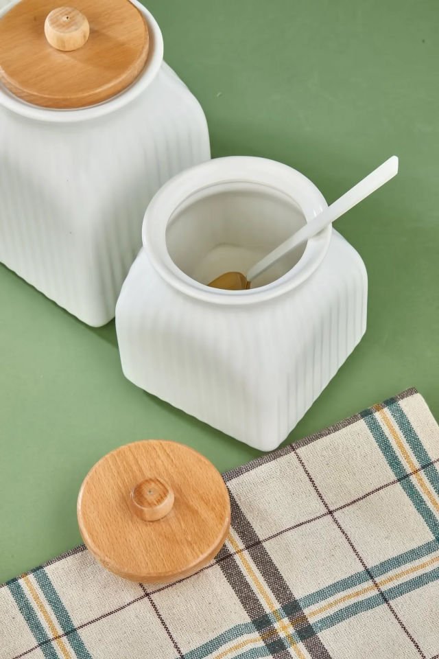 3 Boy Porselen Bambu Kapaklı Çay Kahve Şeker Kavanozu Saklama Kabı