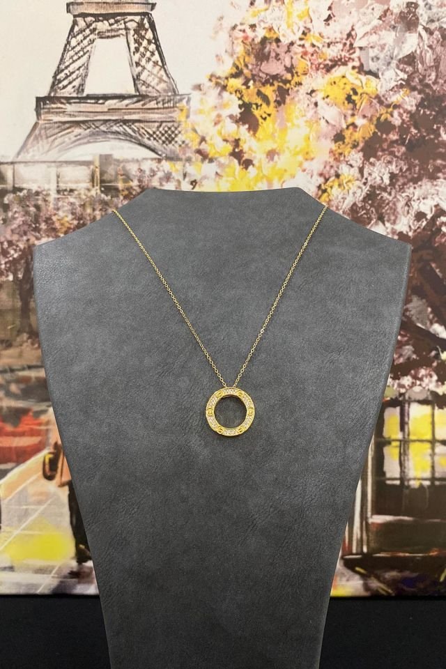 Altın Kaplama Zirkon Taşlı Halka Tasarım Çelik Kolye 40 cm