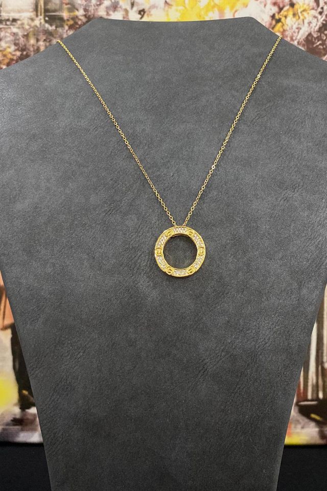 Altın Kaplama Zirkon Taşlı Halka Tasarım Çelik Kolye 40 cm