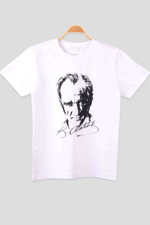 Atatürk ve İmzası Ay Yıldız Bayrak Baskılı Kombin Penye Çocuk Genç  Beyaz Kırmızı T-shirt