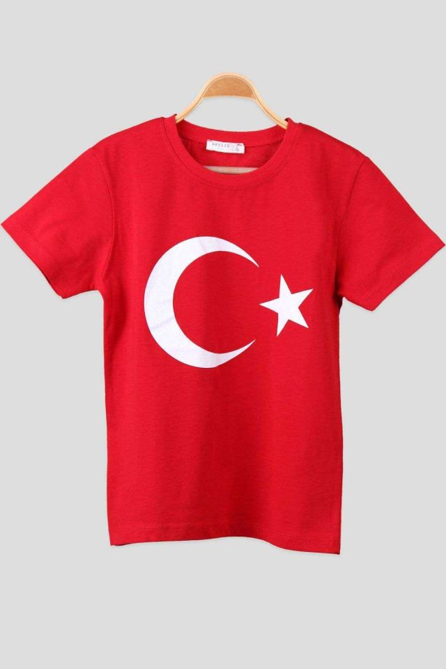Atatürk ve İmzası Ay Yıldız Bayrak Baskılı Kombin Penye Çocuk Genç  Beyaz Kırmızı T-shirt
